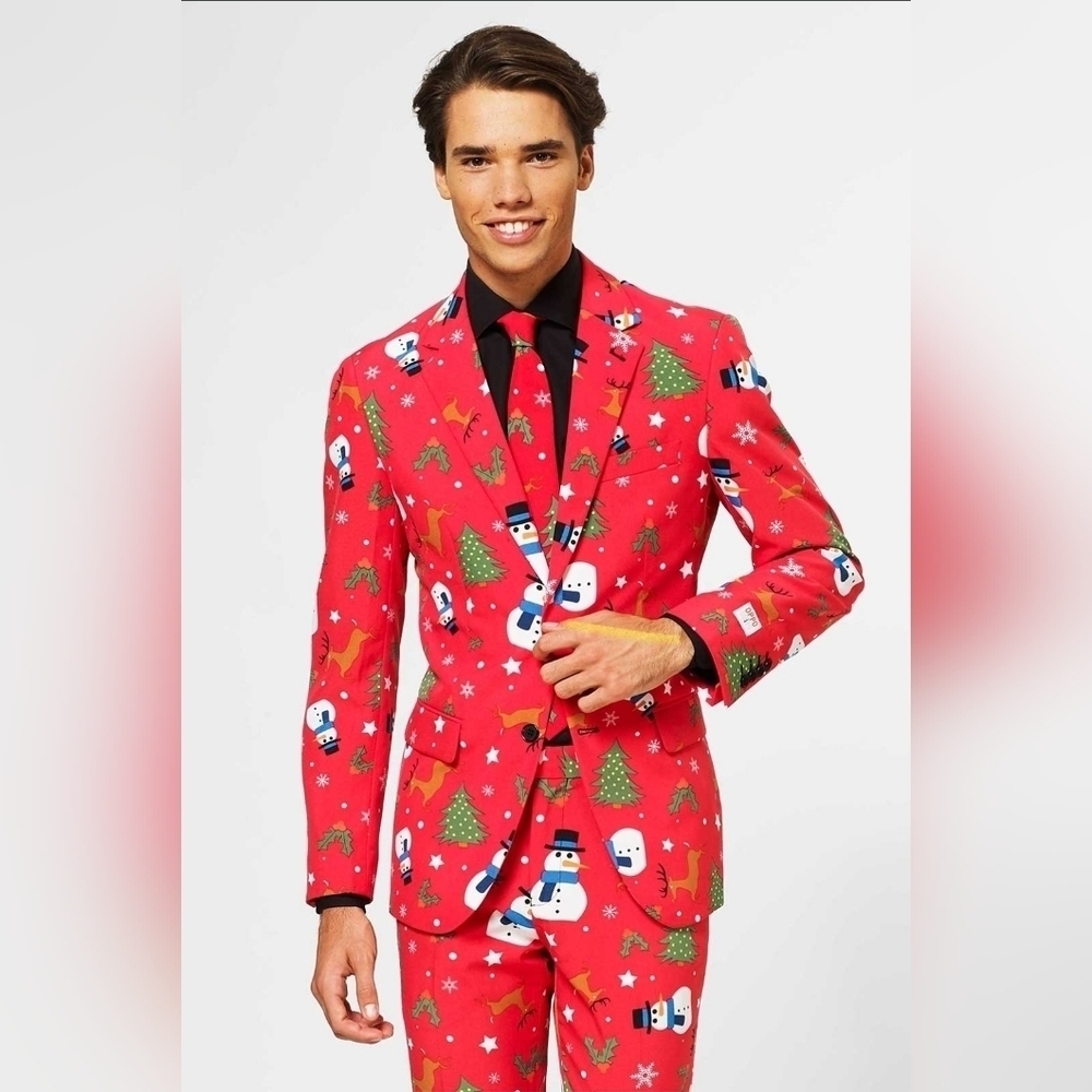 Oppo Suit Red Mens Christmas Suit Snowman Tree Reindeer Holly 3 Piece Suit New